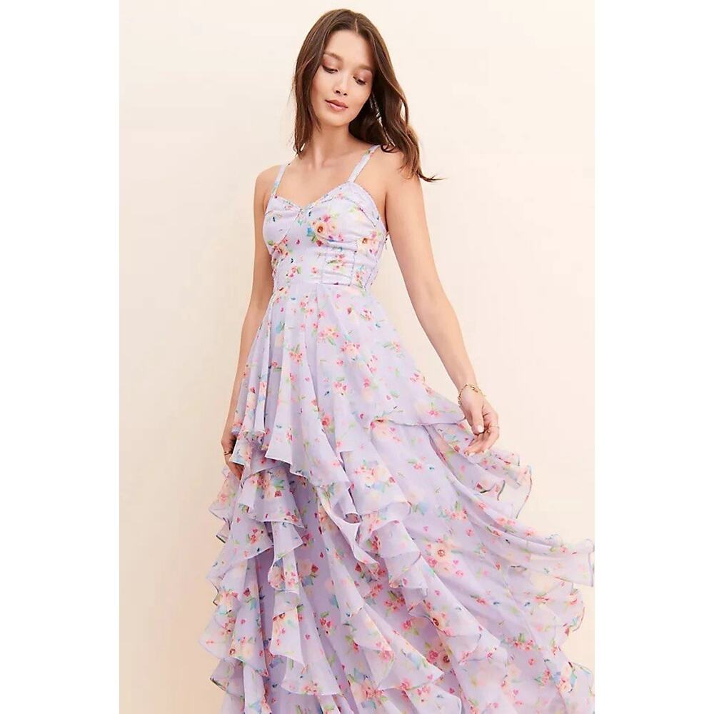 Bhanuni by Jyoti Floral Chiffon Tiered Ruffle Dress Purple Romantic Coquette
